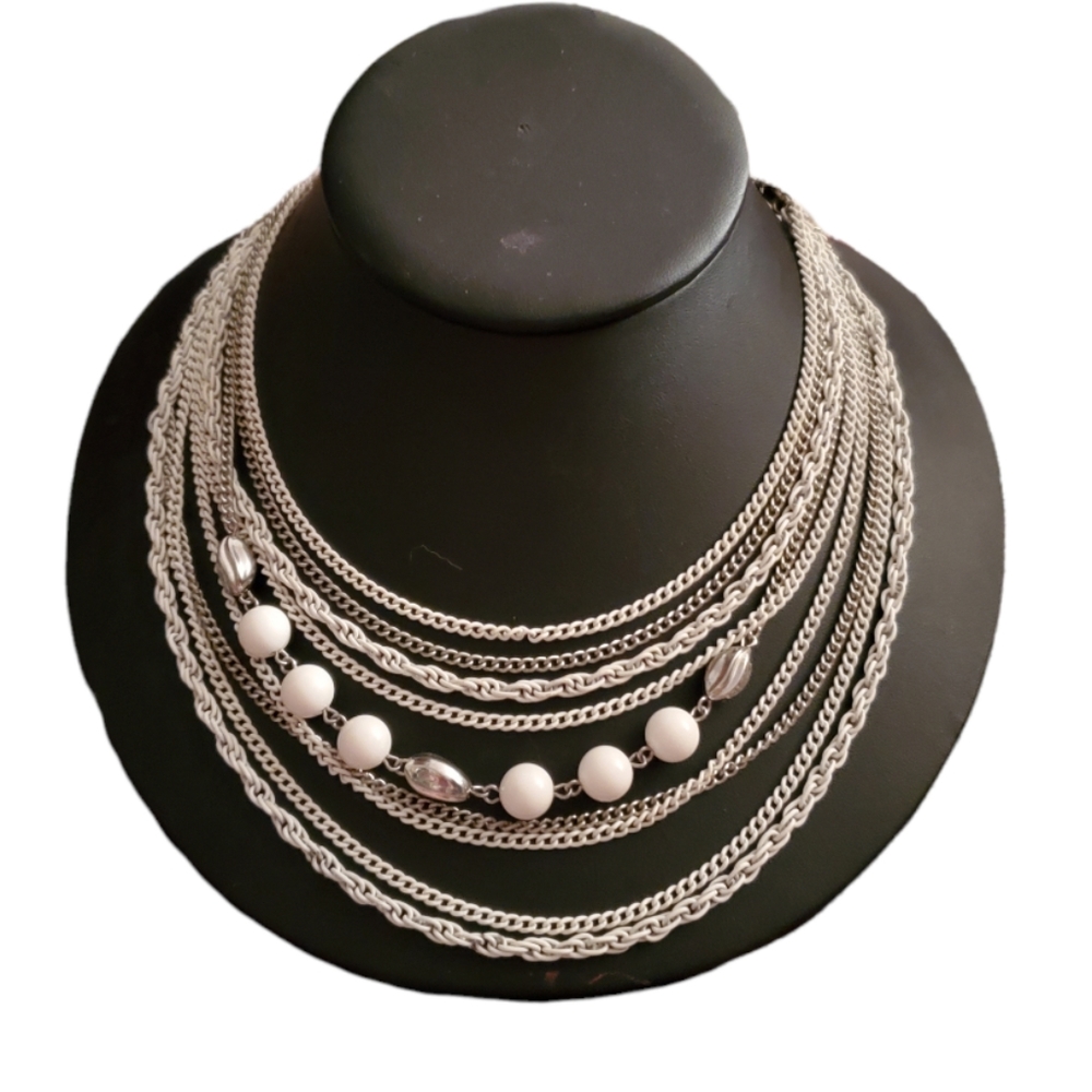 15" Silver-Tone & White Cascading Necklace Chains & White Beads